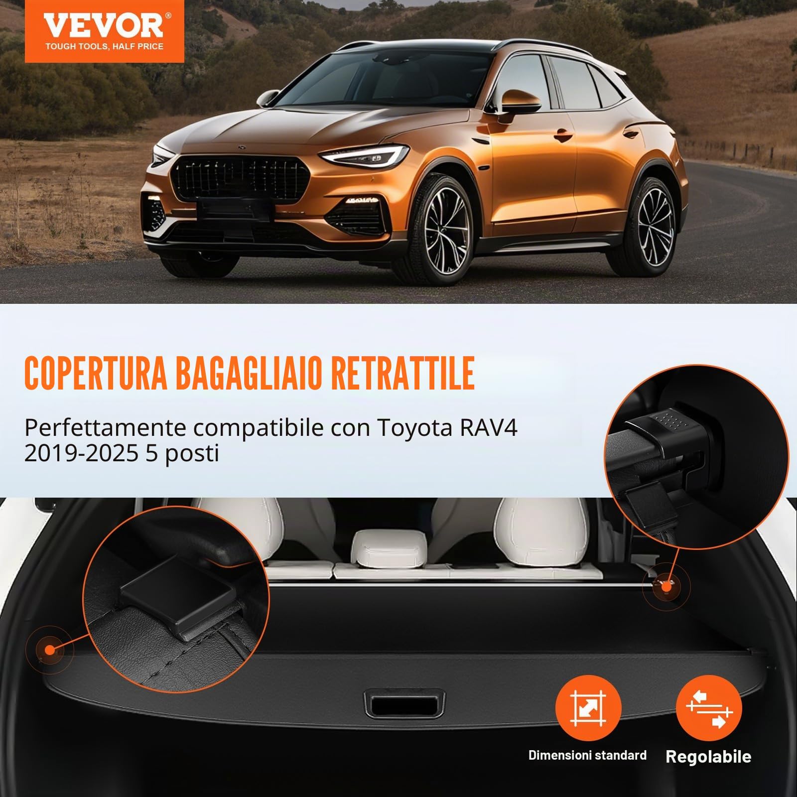 VEVOR Copertura Retrattile per Bagagliaio Toyota, Copertura Impermeabile per Bagagliaio per Toyota RAV4 2019-2024, Copertura per Bagagliaio Posteriore Resistente ai Raggi UV Lega di Alluminio, Nero