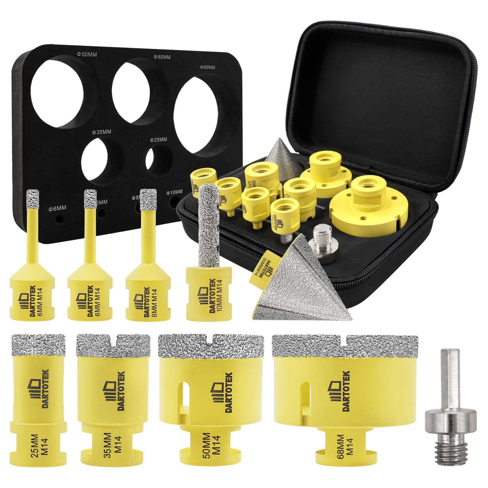 Brocas Diamantadas Juego 10-7 Coronas M14 (6/6/8/25/35/50/68mm), Fresa 10mm, Biseladora 50mm, Adaptador M14/Hexagonal para Cerámica, Mármol, Granito