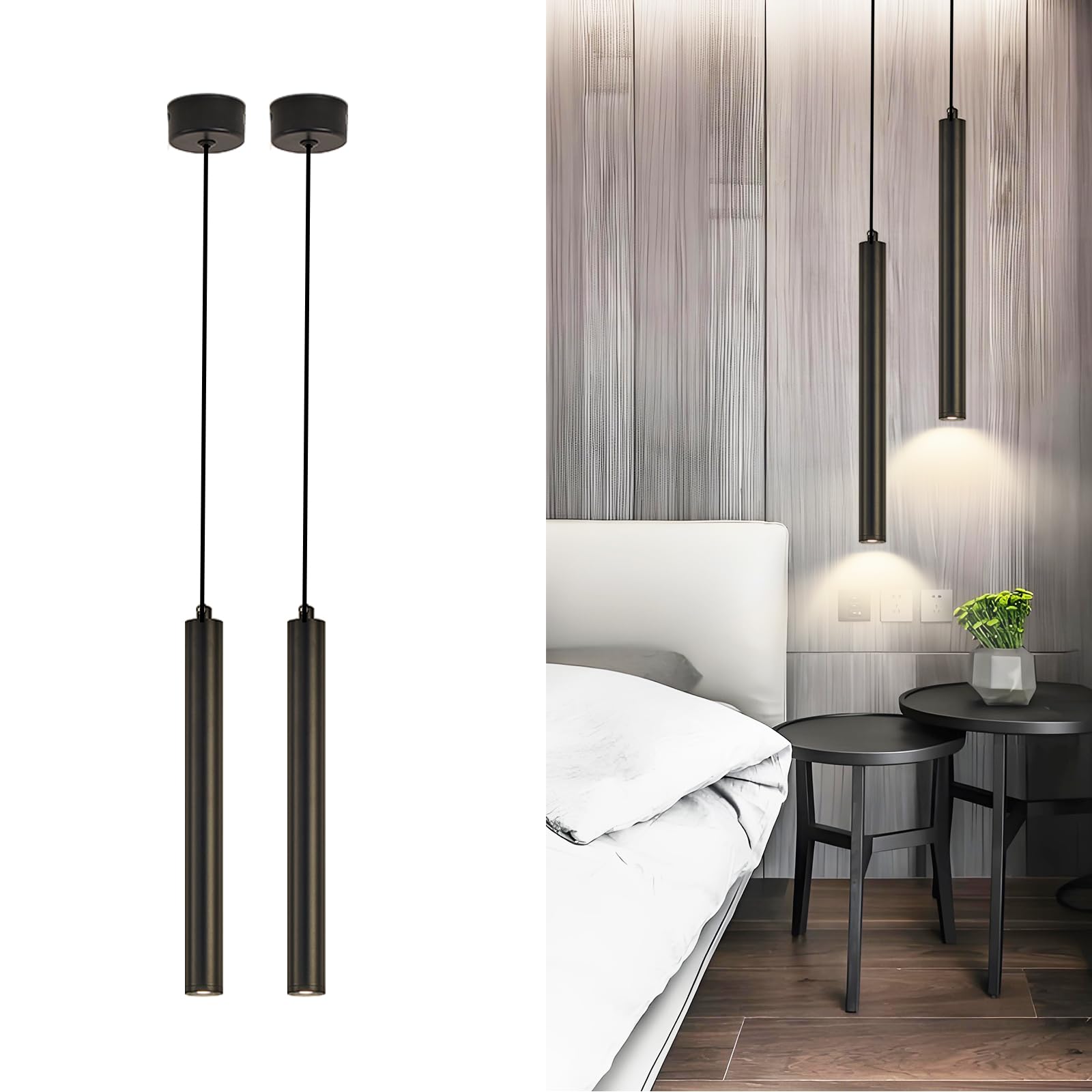 Lampada a Sospensione Comodino Camera da Letto, 2 Pezzi lampadario led a cilindro Nero, Regolabile In Altezza lampada a sospensione moderna per cucina soggiorno tavolo da letto 30cm (2)
