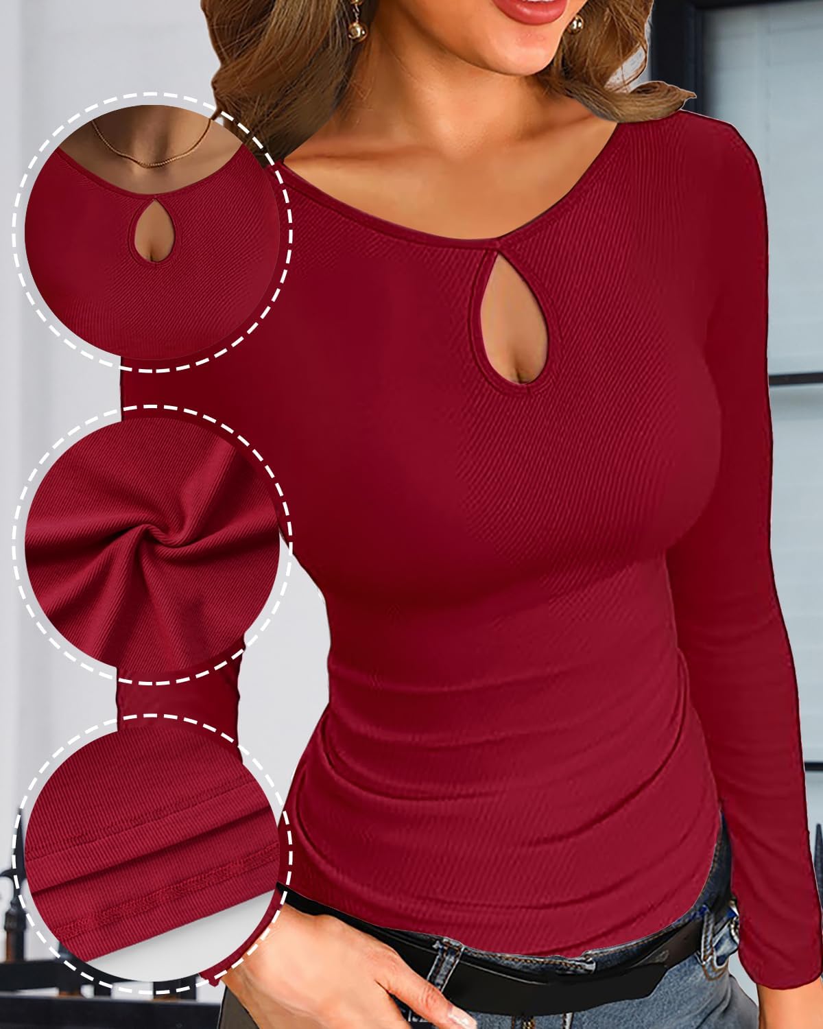 Womens Long Sleeve T Shirts Ribbed Knit Fitted Casual Tops Tee Slim Basic Shirts - Image 4