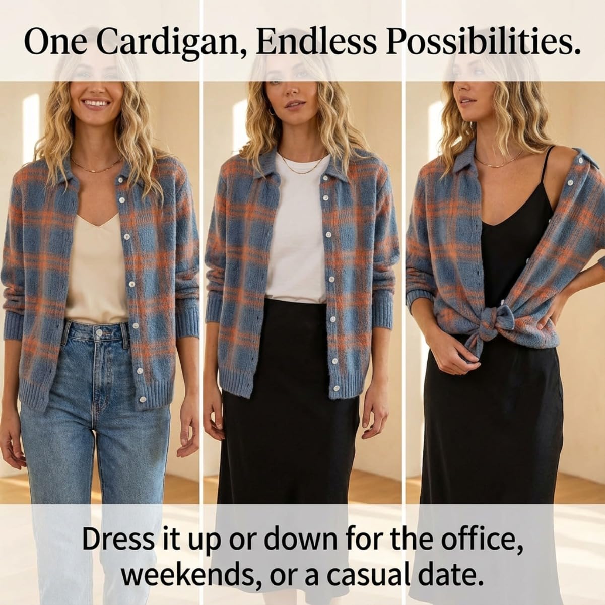 Women's Plaid Cardigan Sweater Cotton Button Up Knit Top Casual Checkered Print Cropped Shirt Collar Winter Soft