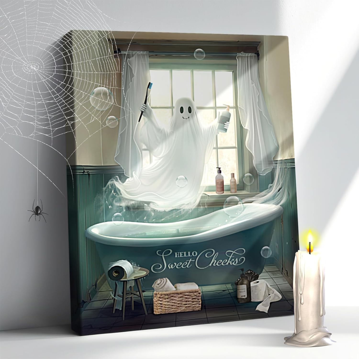 Amsnkee Funny Bathroom Wall Art Gothic Wall Decor Spooky Ghost Canvas Wall Art White Ghost Picture Dark Academia Room Decor for Halloween Decor 16x20inch Ghost bathroom 16L" x 20W"