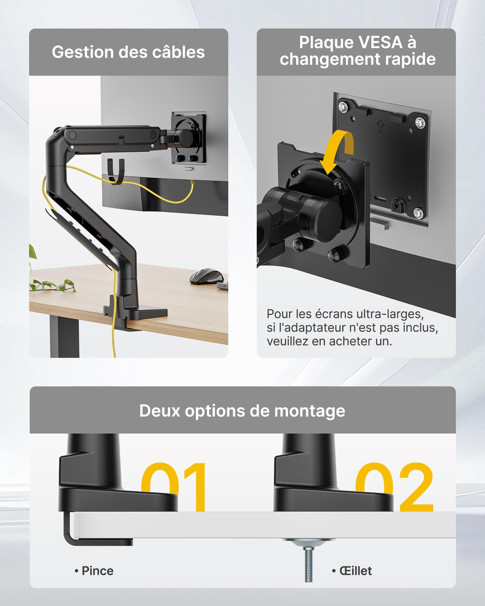 monTEK Bras Ecran PC17 à 57",Ports USB-A/C,VESA75/100,Charge Max27Kg