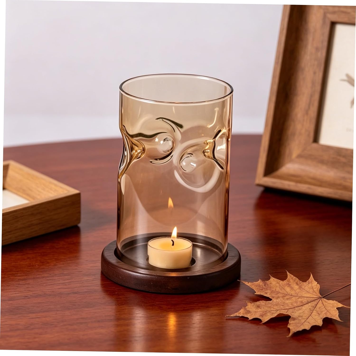 Ipetboom Chinese Retro Glass Hurricane Candle Holder with Wood Base, Windproof Detachable Glass Shade, 6.3x4.7 Inches Cylinder Shape, Elegant Candle Stand for Wedding Centerpieces