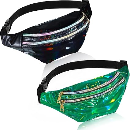 Frienda 2-Pack Holographic Fanny Packs - Shiny Purple & Blue Waist Bags, Adjustable Belt For Festivals & Sports - View #4