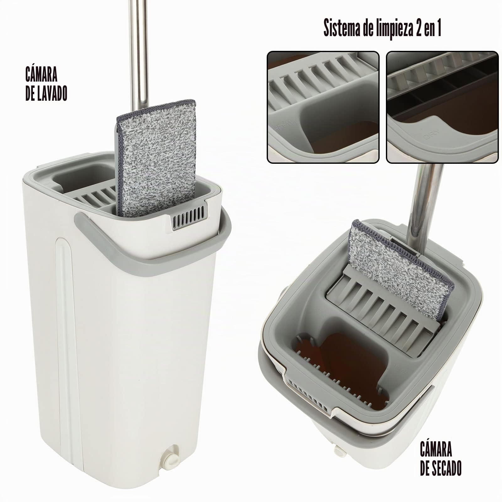 ASelected Juego de fregona Plana y Cubo, mopa Manos Libres con 10 Almohadillas de Microfibra Reutilizables y Mango de Acero Inoxidable de 123 cm de Largo, mopa de Microfibra para Azulejos, mármol,