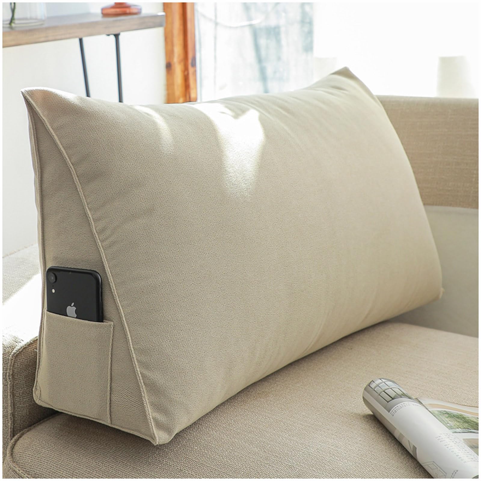 ZTGL Rückenkissen Dreieckiges Keilkissen Lendenkissen Stützkissen Sitzkissen für Bett Sofa Couch Gepolstert Kopfteil Lesekissen Kissen Nackenstützkissen Abnehmbarem Bezug,Beige,60x35x20cm