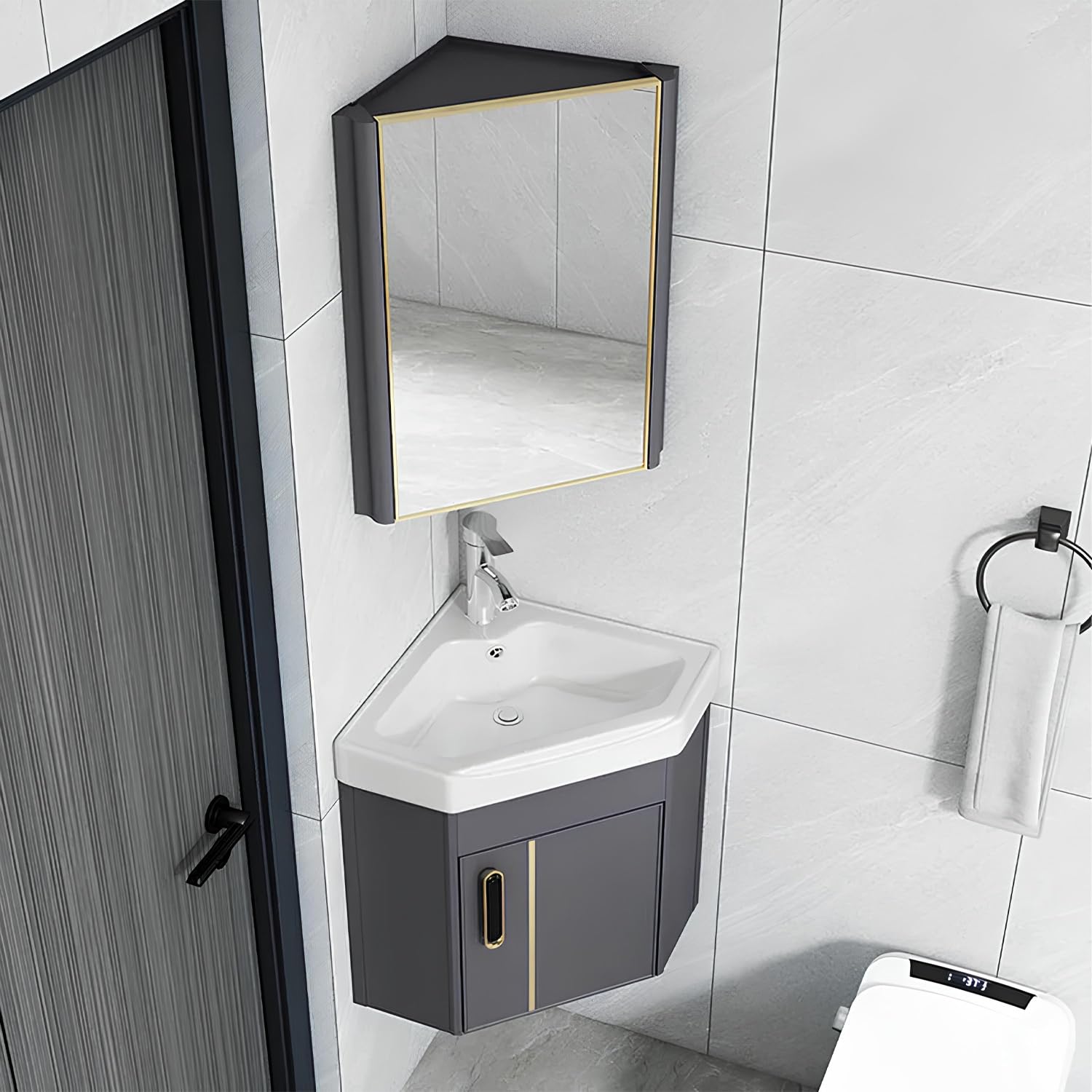 SGKOMN Corner Bathroom Vanity with Ceramic Sink & Mirror Cabinet, Wall Mounted Bathroom Vanity Sink Set for Small Space, Laundry Room, Balcony, Hui-38 * 38cm
