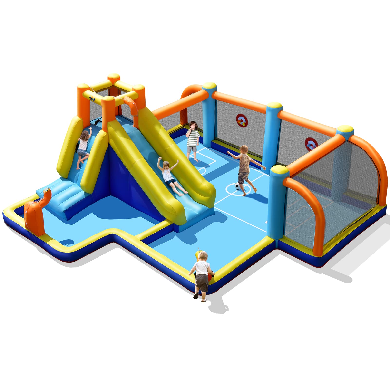 COSTWAY Aufblasbare Hüpfburg mit Gebläse, Wasserrutsche, Planschbecken, Fußballzone, Kletterwand, Zwei Wasserkanonen, und Zielspiel, Spielpool 500 x 465 x 200 cm