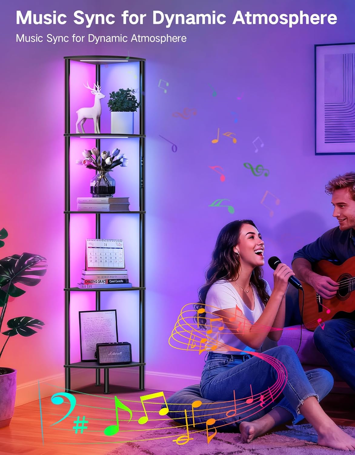 5 Tier Corner Shelf with RGB Lights, Touch & APP & Remote Control, Dimmable Narrow Corner Bookshelf with Music Sync, Display Shelf with Multiple Color Lights for Living Room, Bedroom(Black)