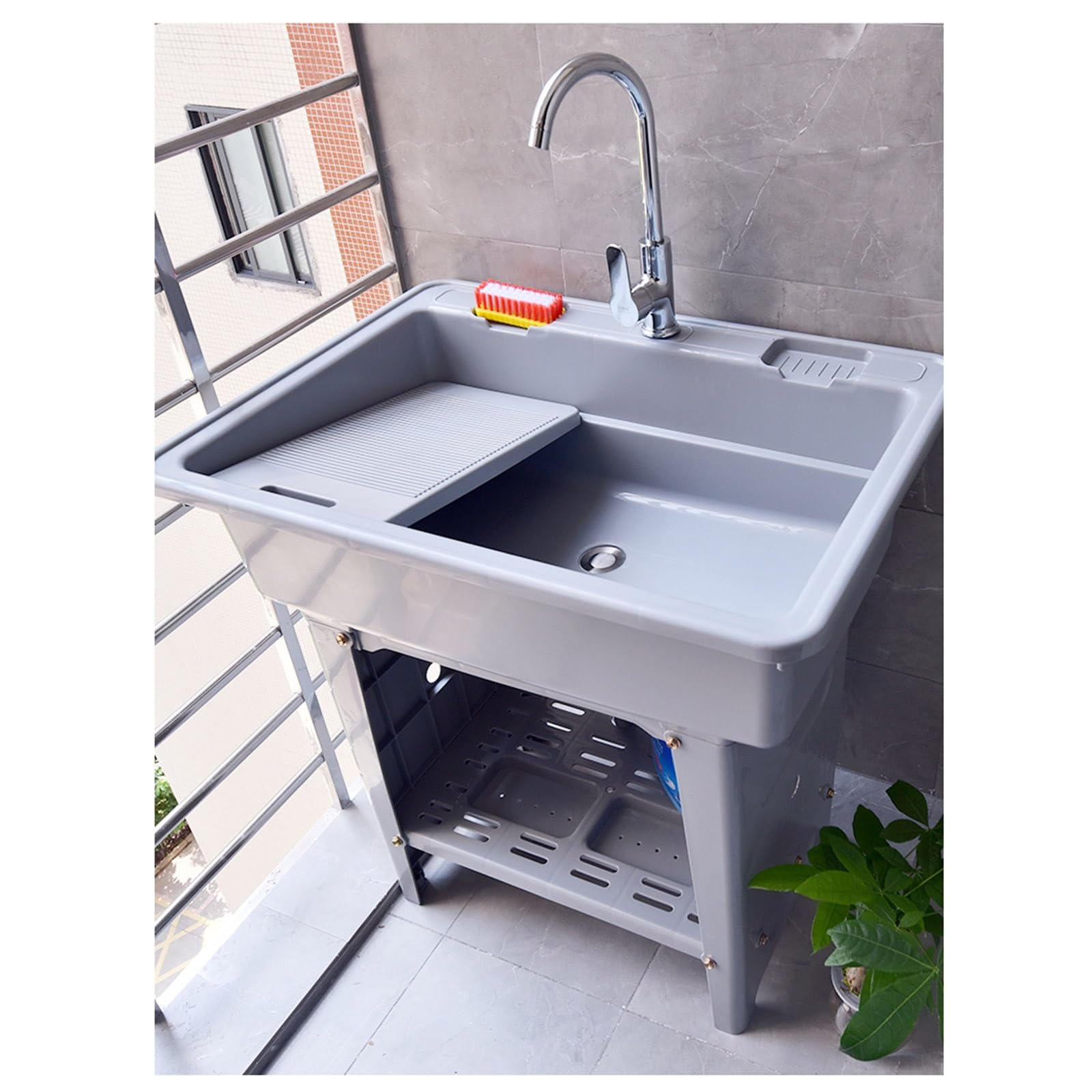 Fregadero De Plástico Independiente Para Lavandería, Fregadero Para Uso Interior Y Exterior Con Grifo De Agua Fría Y Caliente, Lavabo Para Limpieza De Baño, Piscina