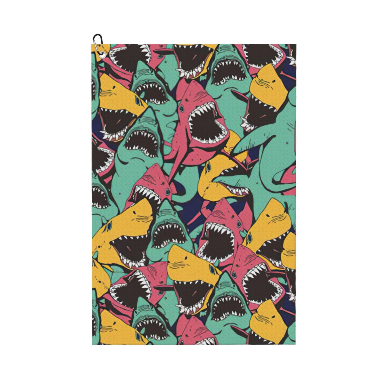 DUWAA Shark Pattern Print Absorbent Microfiber Towel, Waffle Pattern Golf Cleaning Towel,Golf Accessories For Men