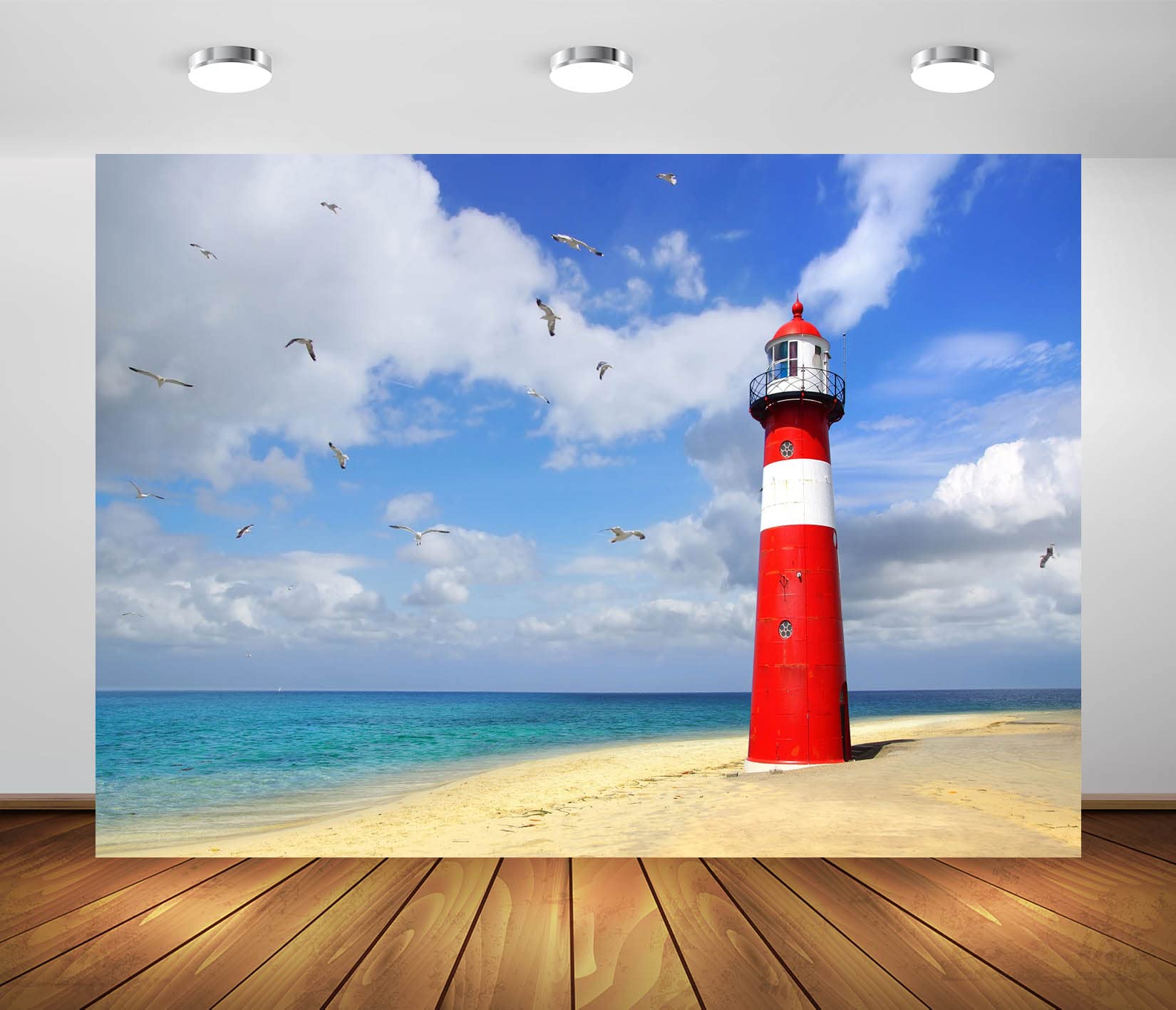 BELECO 9x6ft Fabric Seaside Lighthouse Backdrop for Photography Sand Beach Flying Seagull Blue Sky White Clouds Blue Seascape Scenery Background