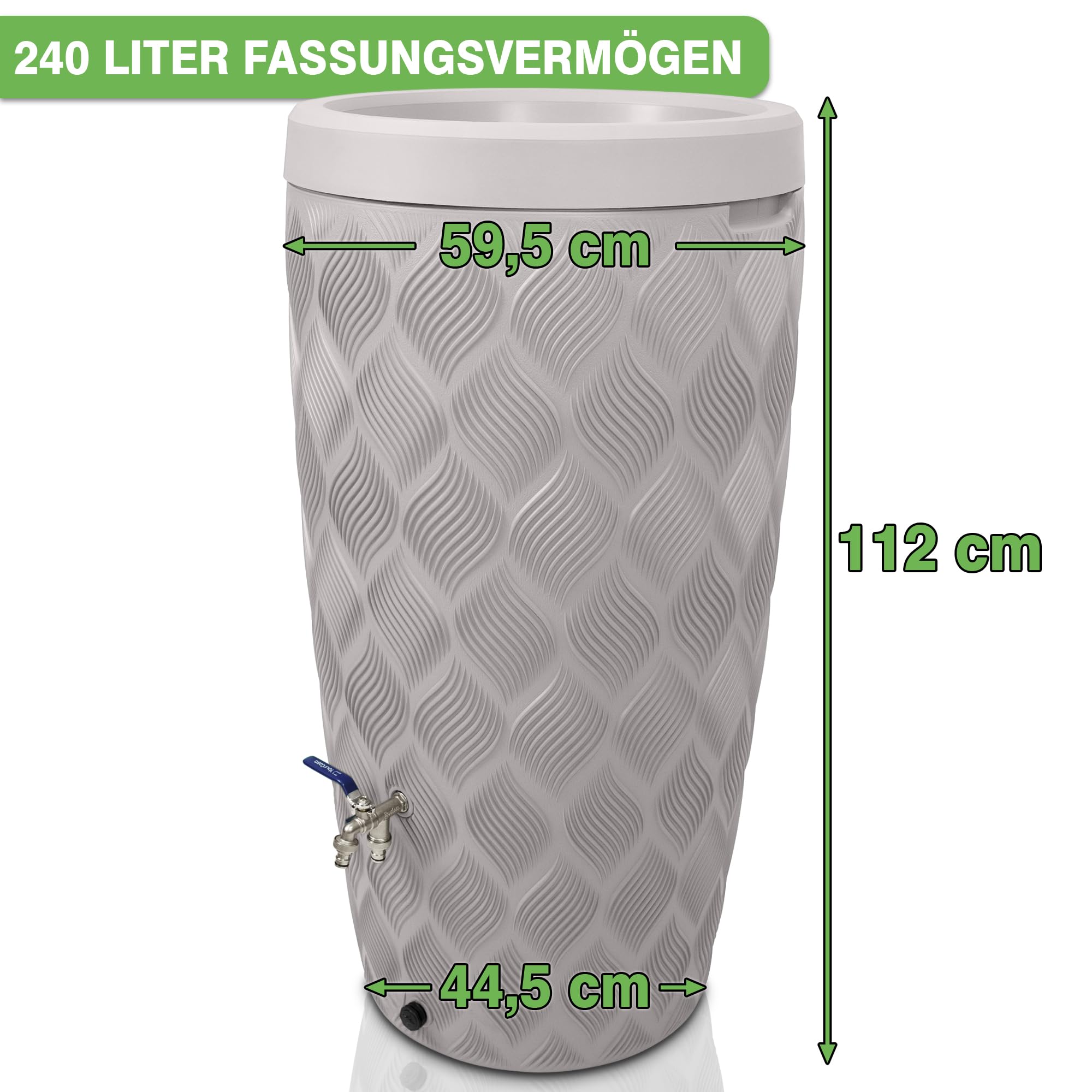 YourCasa Regentonne 240 Liter [Seabreeze] Regenfass Frostsicher aus Kunststoff mit Wasserhahn - Regenwassertonne - Wasserfass Regenwassertank Wassertonne für Garten (Creme Mit Wasserhahn)