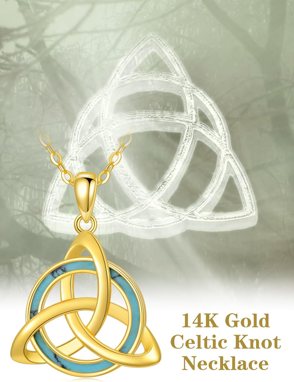 Solid 14K Gold Celtic Knot Necklaces for Women Real Gold Celtic Necklace Irish Jewelry Turquoise Birthday Anniversary Christmas Gift for Her Mom Wife 16+2 Inch