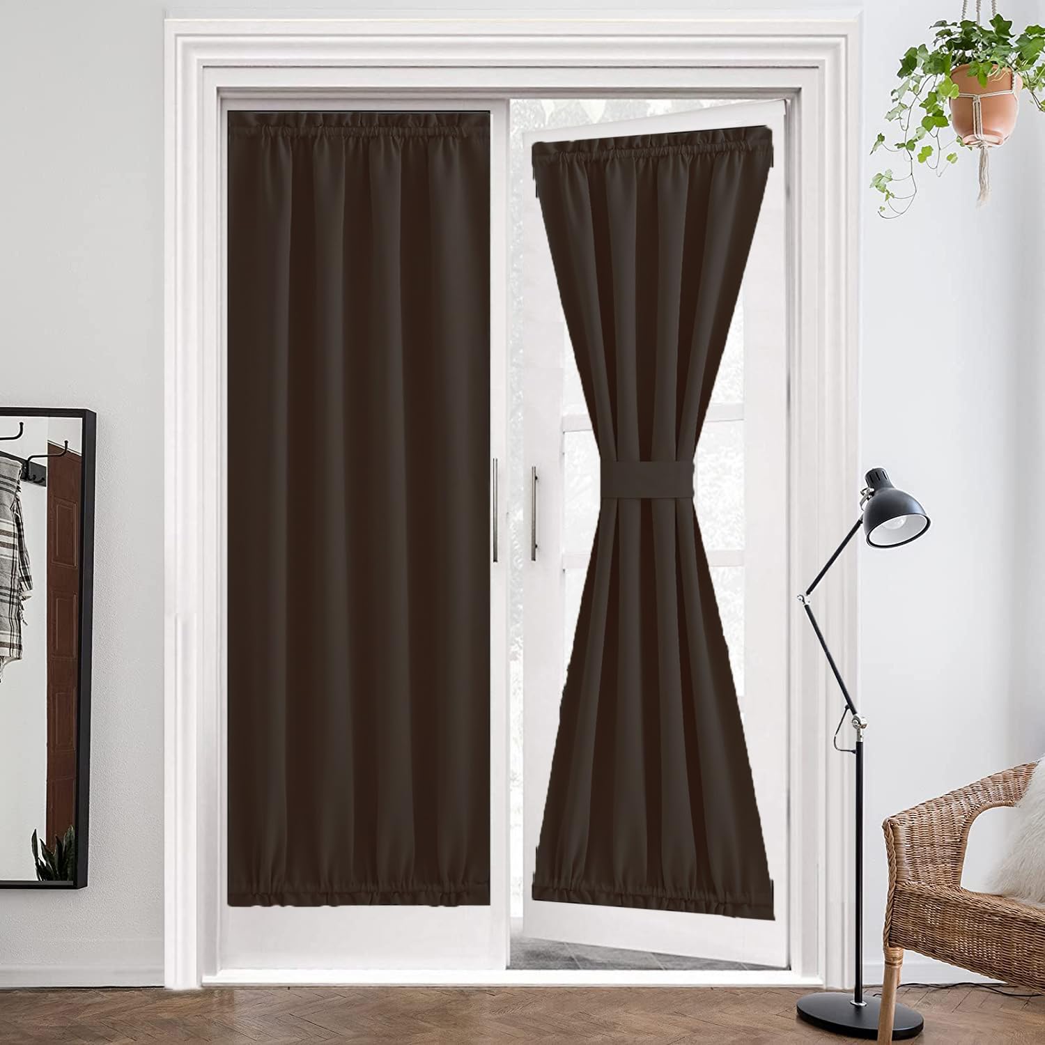 ZHhan French Door Curtains Privacy Blackout French Door Rod Pocket Drapes for Glass Door Home Office,Sidelight Curtain Tie up Shade,Easy Installed 107x102cm,Dark Brown,1 Panel