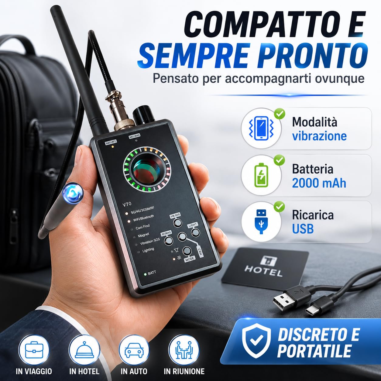 Detector de Microsespías y GPS Spy Detector – Detector de cámaras ocultas profesional con RF WiFi Bluetooth 5G, magnético y vibración – Dispositivo para remediación ambiental (V70)