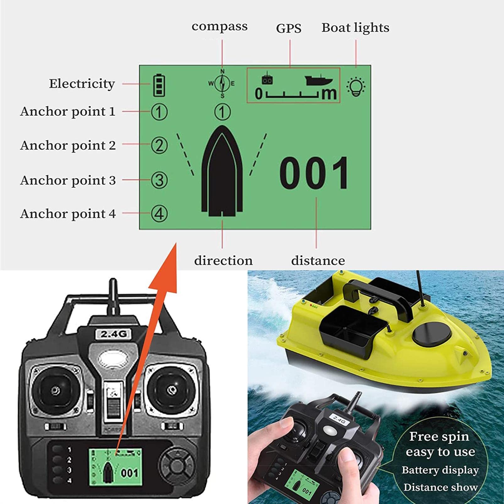 Barco Cebador para Pesca RC, Barco de Cebo Carpfishing Impermeable 500M, Bait Boat con Motor Doble, Mando a Distancia GPS, Adecuado para Lagos y Ríos, Carga 2kg