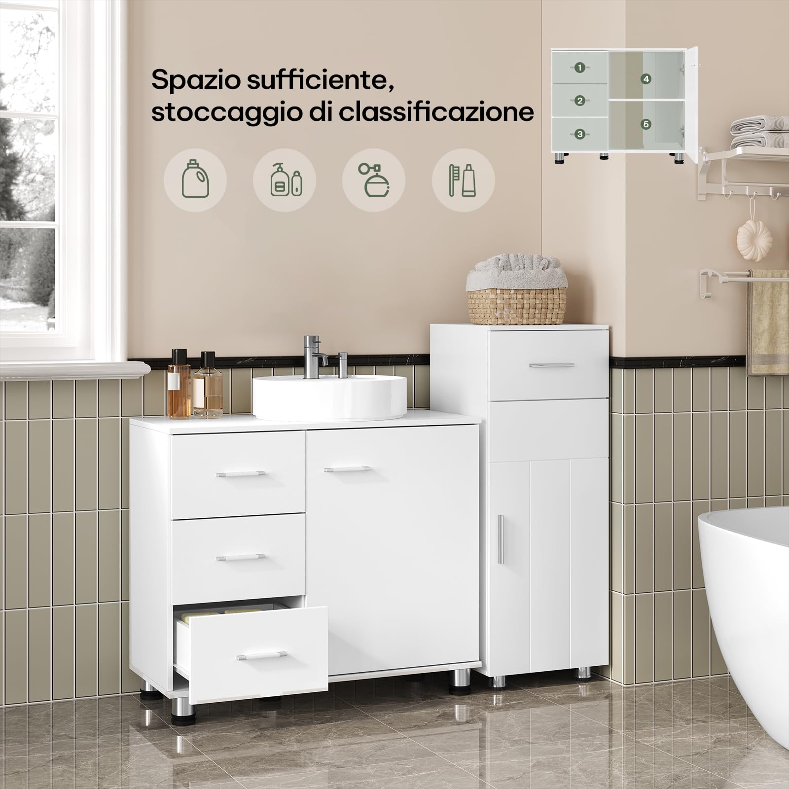 EUGAD Mobiletto Sotto Lavabo con Ripiano Regolabile, Mobile da Bagno Freestanding con Anta a Cassetto, 70x60x30 cm, Mobiletto da Bagno Bianco