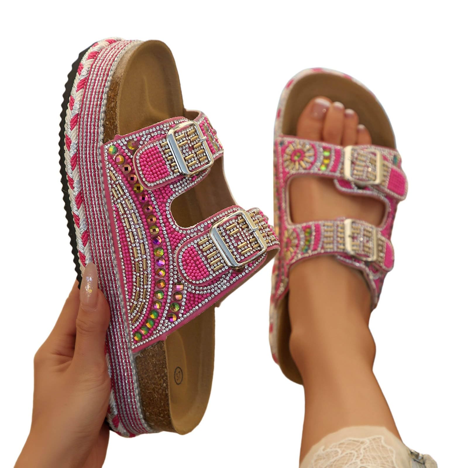 2027 Mules - Zuecos Brillantes para Mujer, Sandalias Coloridas con Plataforma de Diamantes de imitación, Zapatos de Playa cómodos