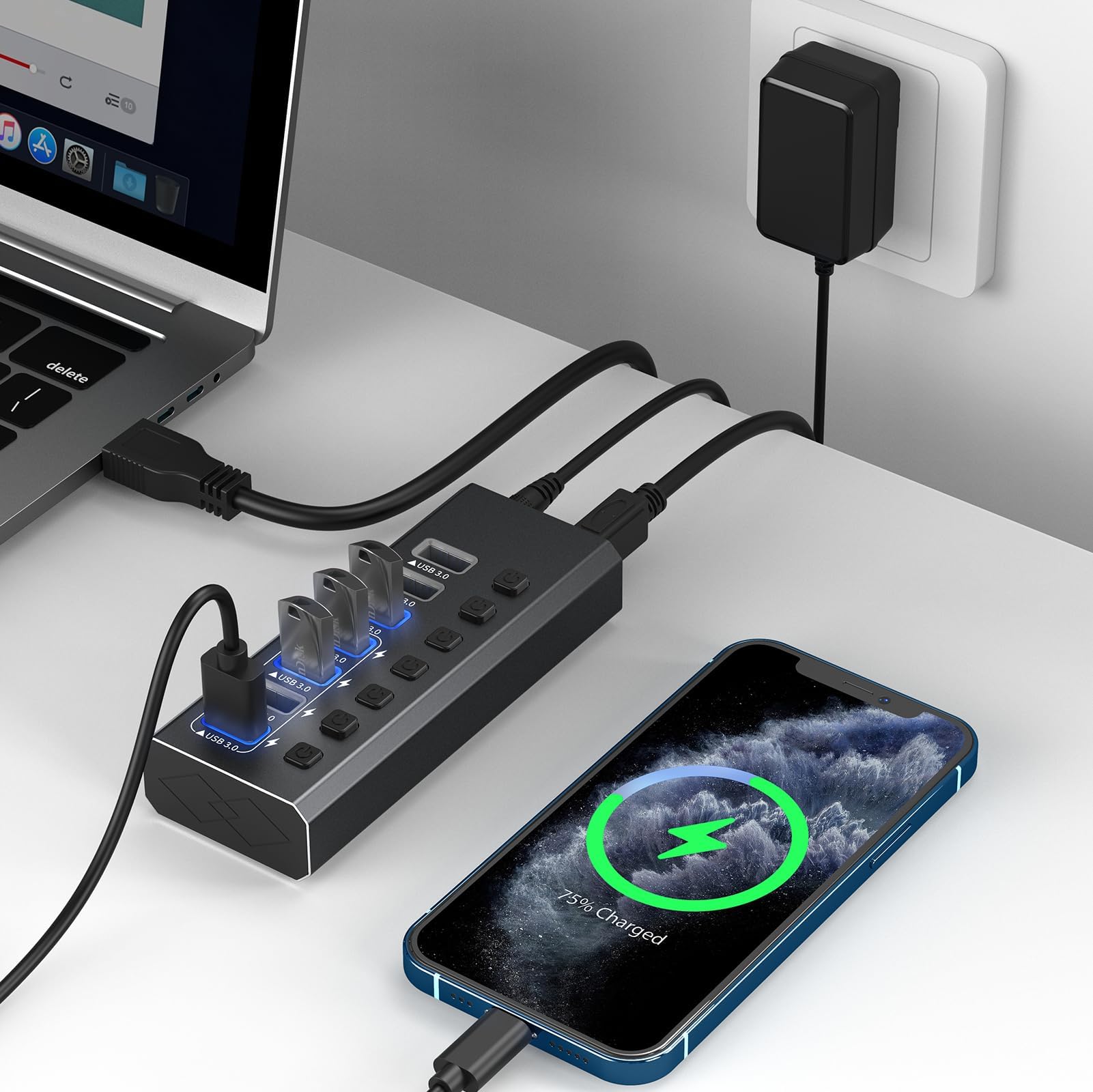 Hub USB 3.0 alimenté en aluminium, 7 ports USB SuperSpeed avec adaptateur d'alimentation 12 V/2 A et interrupteur marche/arrêt individuel pour Surface Pro, Windows, PC, ordinateur portable, ordinateur