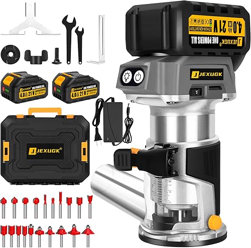 Fresadora para madera para carpintería inalámbrica sin escobillas, 21 V, compacta, con batería de 2 x 4.0 Ah, pequeño routeador portátil para madera