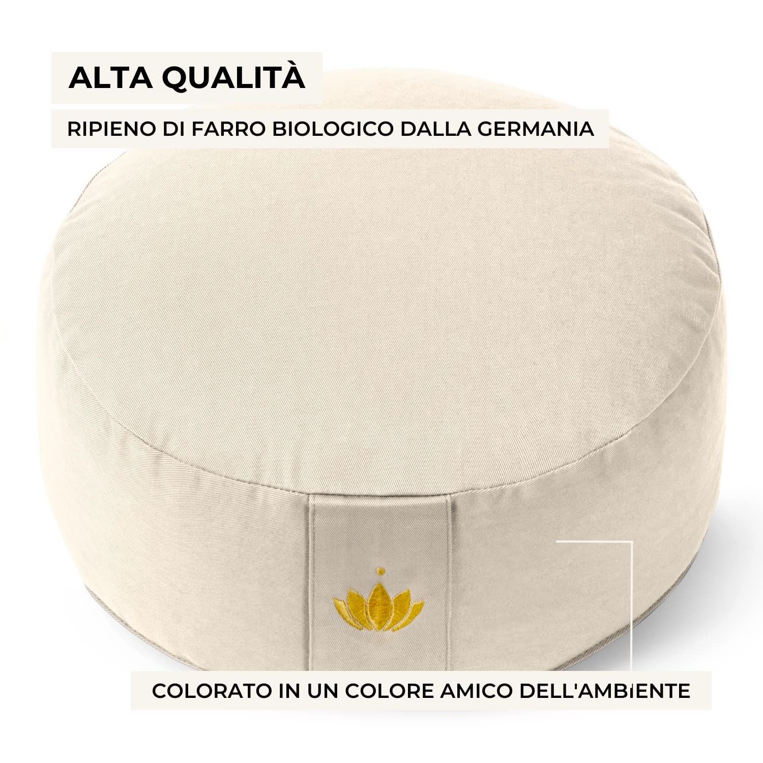 Lotuscrafts Cuscino da Meditazione, Altezza Seduta 20 cm, Modello Lotus Rotondo, Cuscino da Yoga, Cuscino Yoga, Fodera in Cotone Lavabile, Imbottitura in Farro, Certificato GOTS
