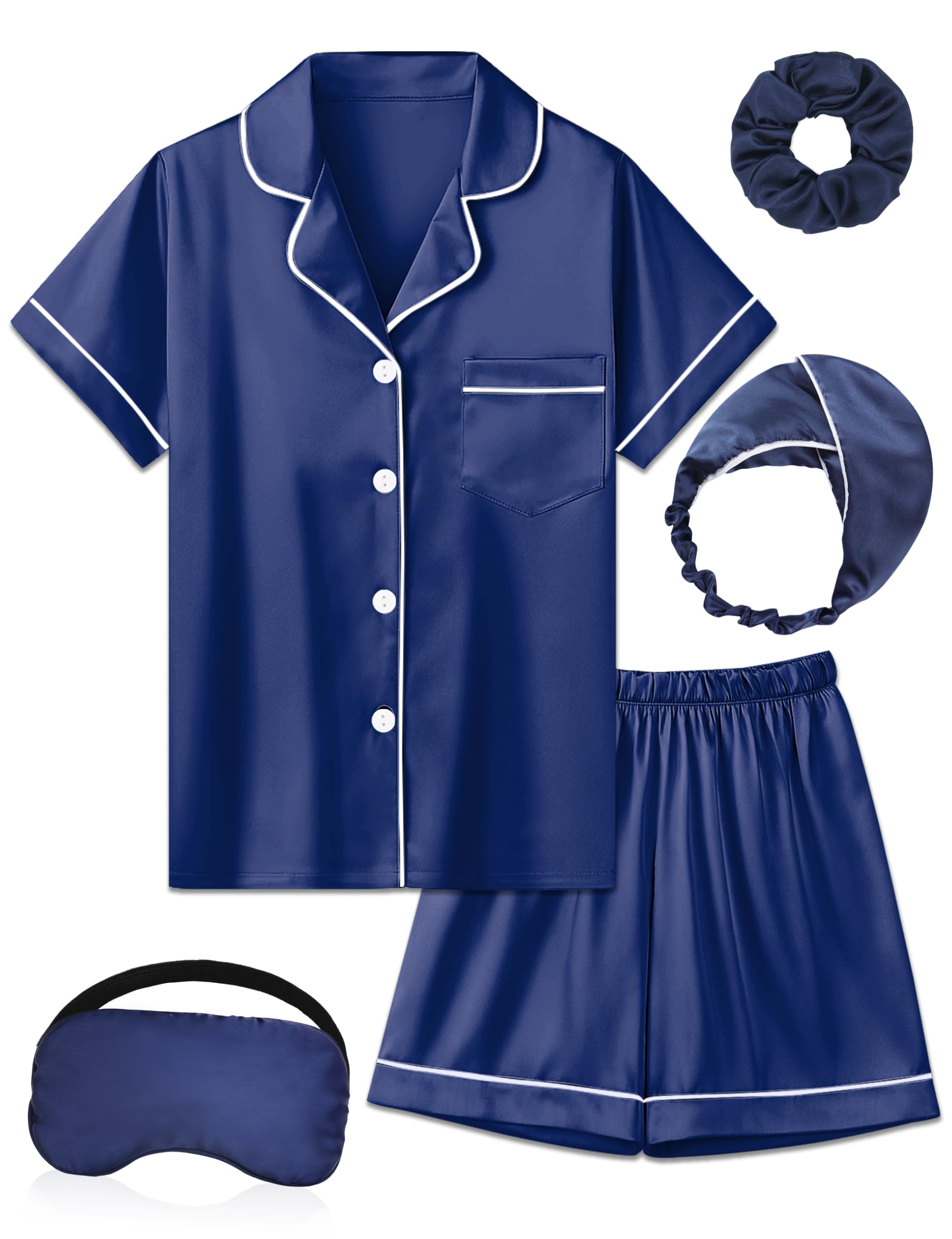 ALHAVONE Kids Girl Pajama Set with Headband Blindfold Hair Tie Toddler Boy Girl Satin Silky Button-up Pajama Sleepwear