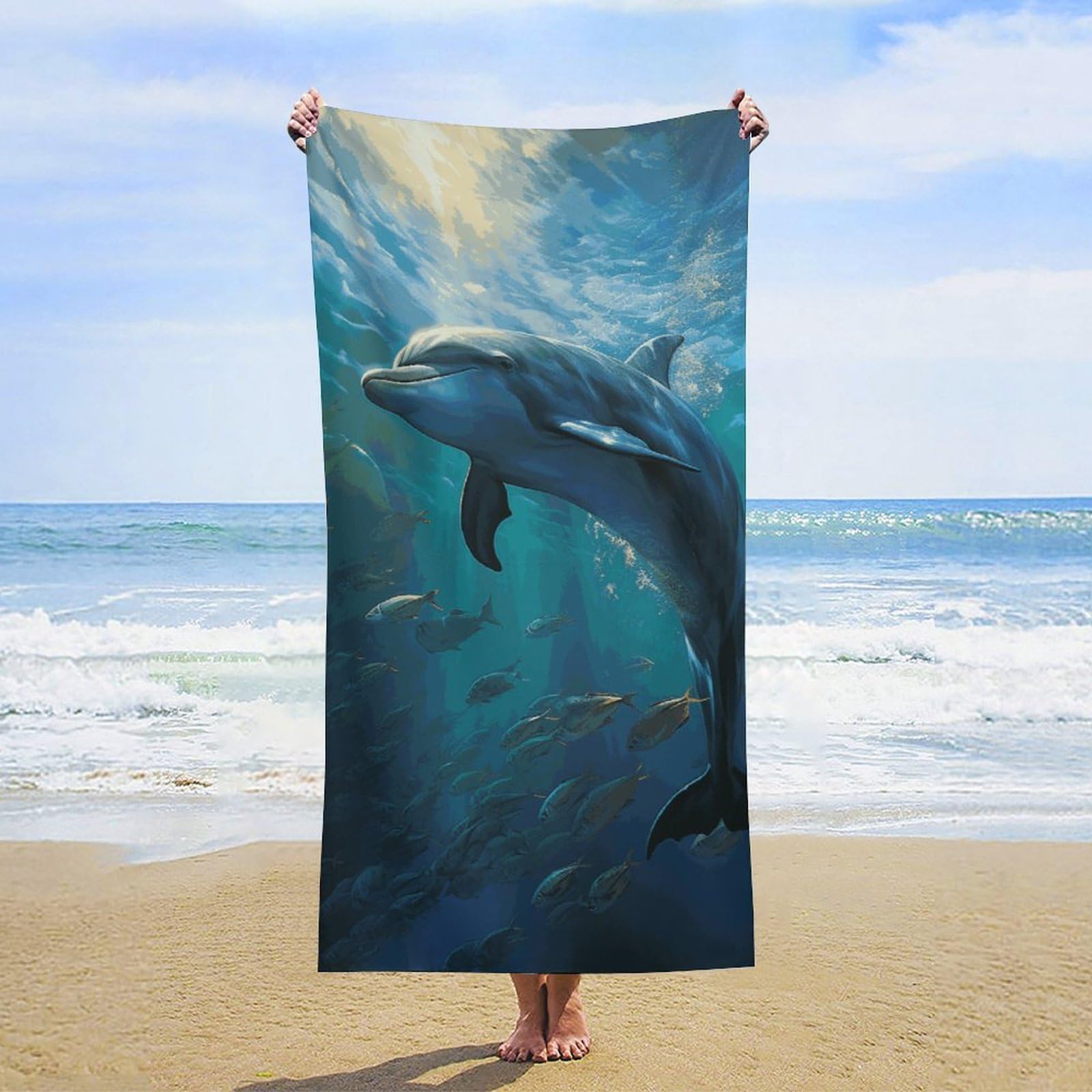NTVOWPZO Dolphin in The Deep Ocean Beach Towel Oversized Microfiber Bath Towels Lightweight Sand Proof Beach Towels Absorbent Pool Towels for Swimming Yoga Bathroom Towel 31.5" X 63"