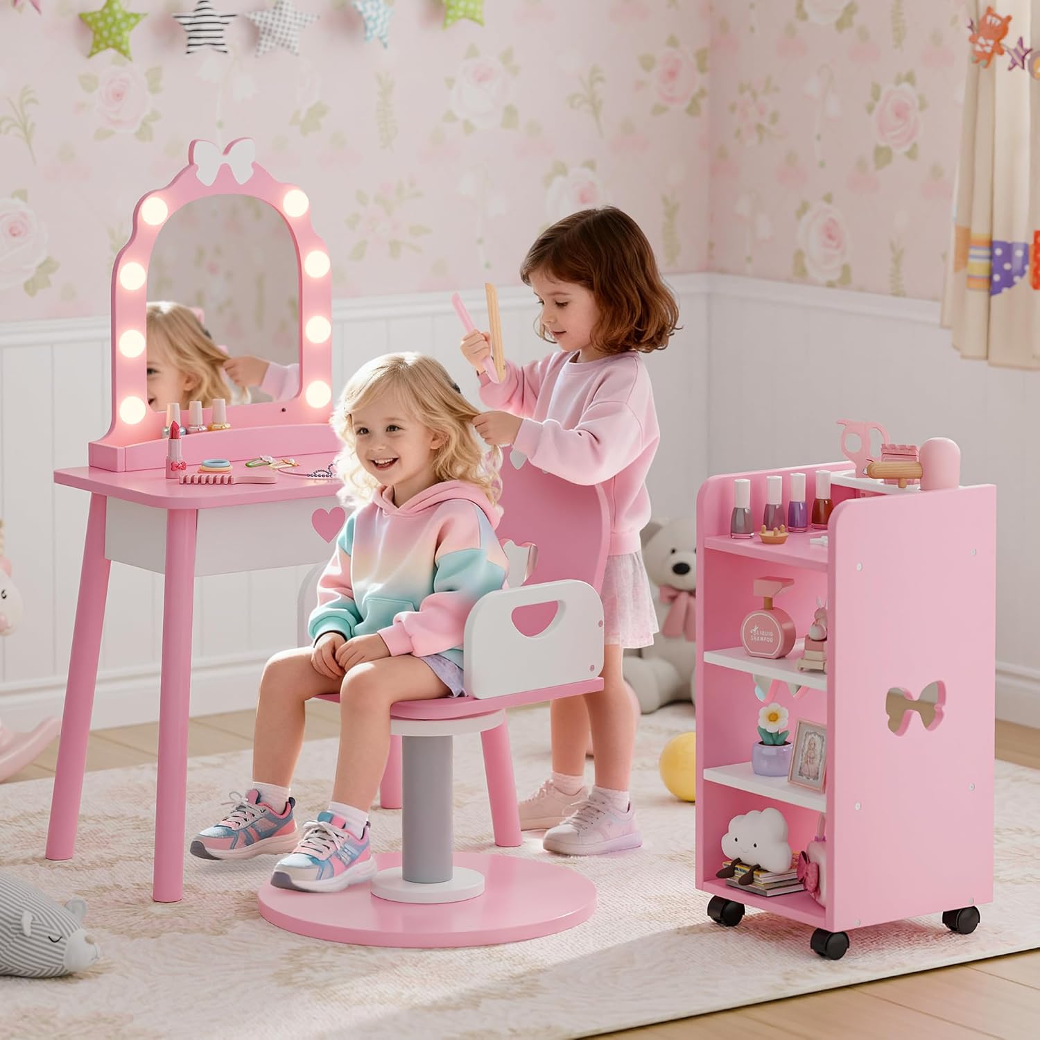 Kids Vanity Set with Light and Barber Chair, Pink Makeup Dressing Vanity Table with Storage Shelf and Hair Salon Play Set 7 pcs Accessories, Pretend Play Vanity Set for Toddler Girls