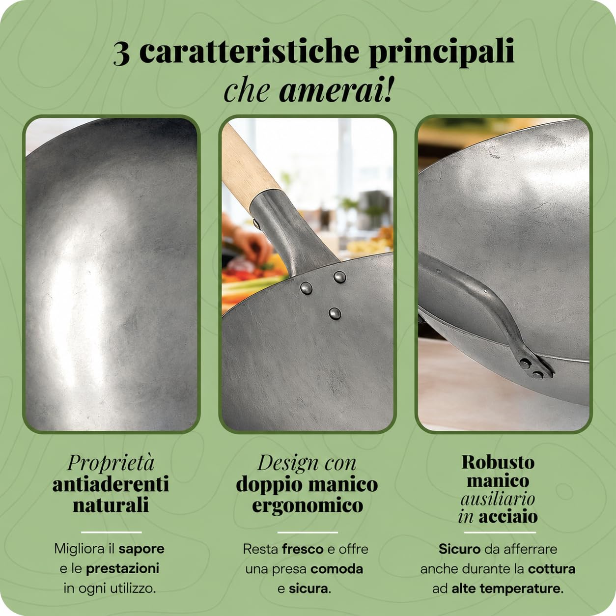 Homira Wok 36 cm in Acciaio al Carbonio, Martellato a Mano, Fondo Piatto e Manico in Legno, Senza PFAS, Padella Wok Cinese per Tutti i Piani Cottura, Induzione, Gas, Barbecue e Outdoor