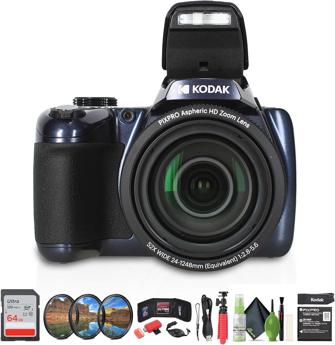 Paquete de cámara digital Kodak Pixpro AZ528 (azul) que incluye: tarjeta de memoria de 32 GB, kit de filtro, lector de tarjetas, correa de mano, billetera para tarjetas, correa de mano, trípode flexible