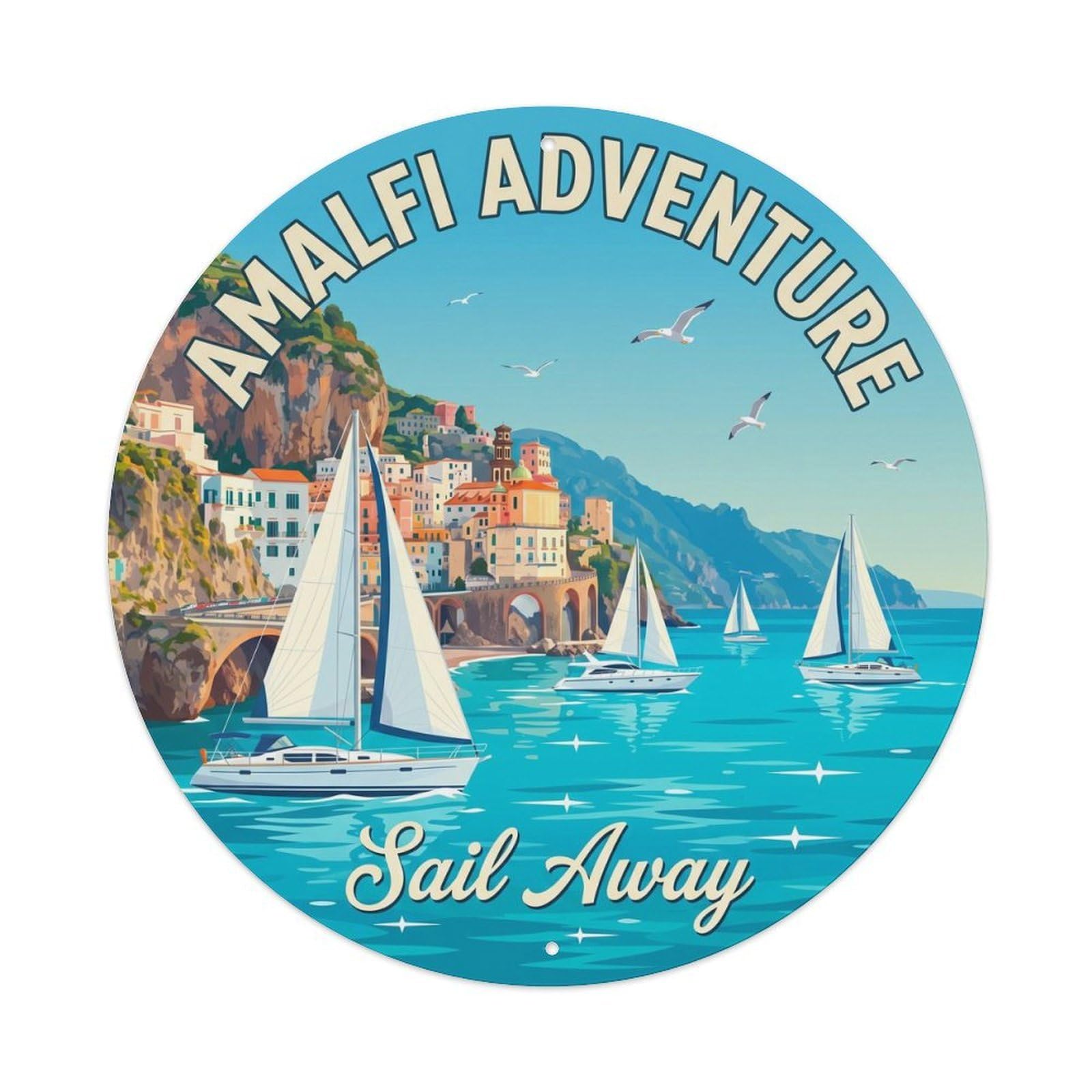 Vintage Travel Amalfi Coastal Yacht Sailing Metal Tin Sign Plaque Wall Decor for Cafe, Club, Garden Round Metal Poster 8x8Inch