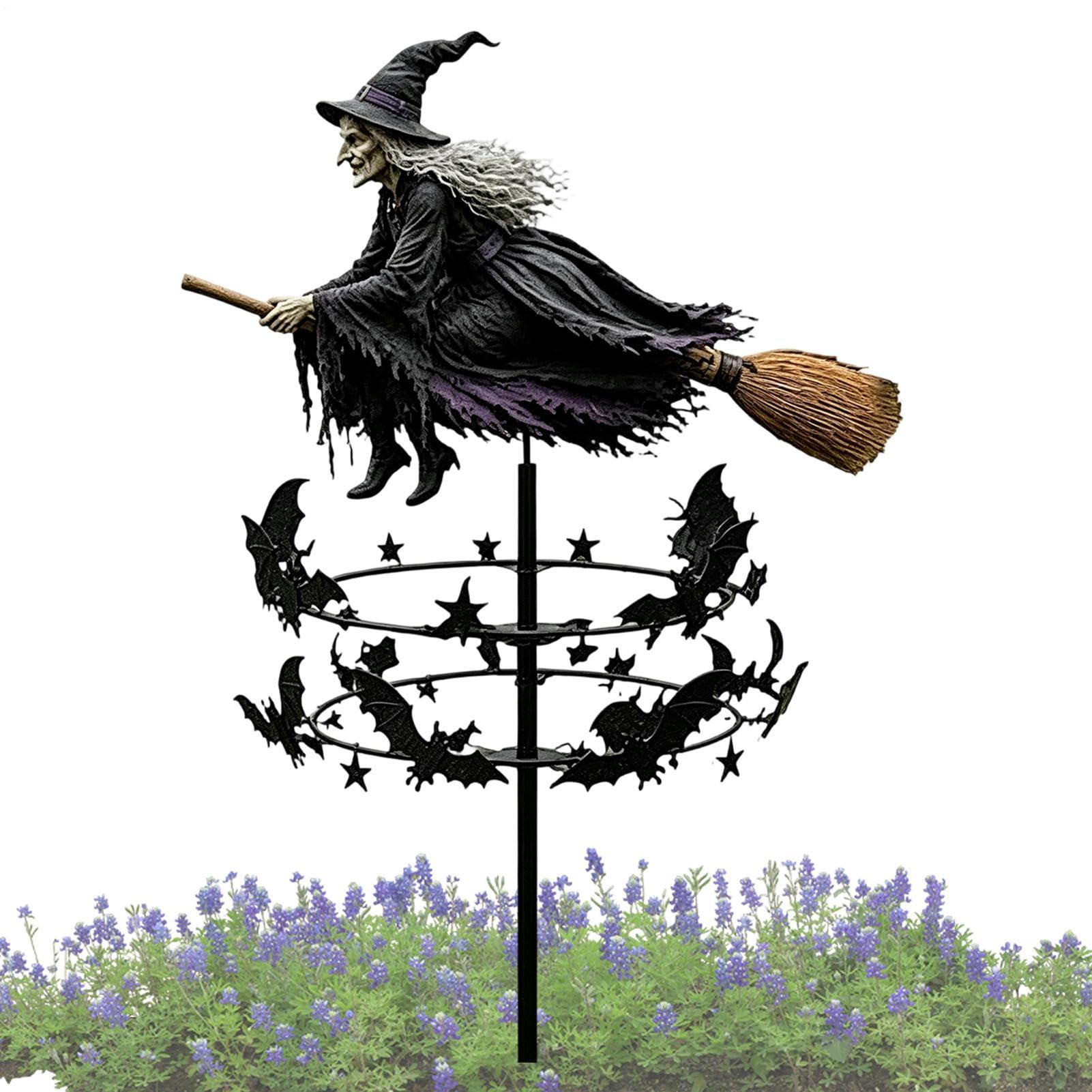 Enchantted Witch Garden Wind Spinner - Flying Witch & Bats, Halloween Decor