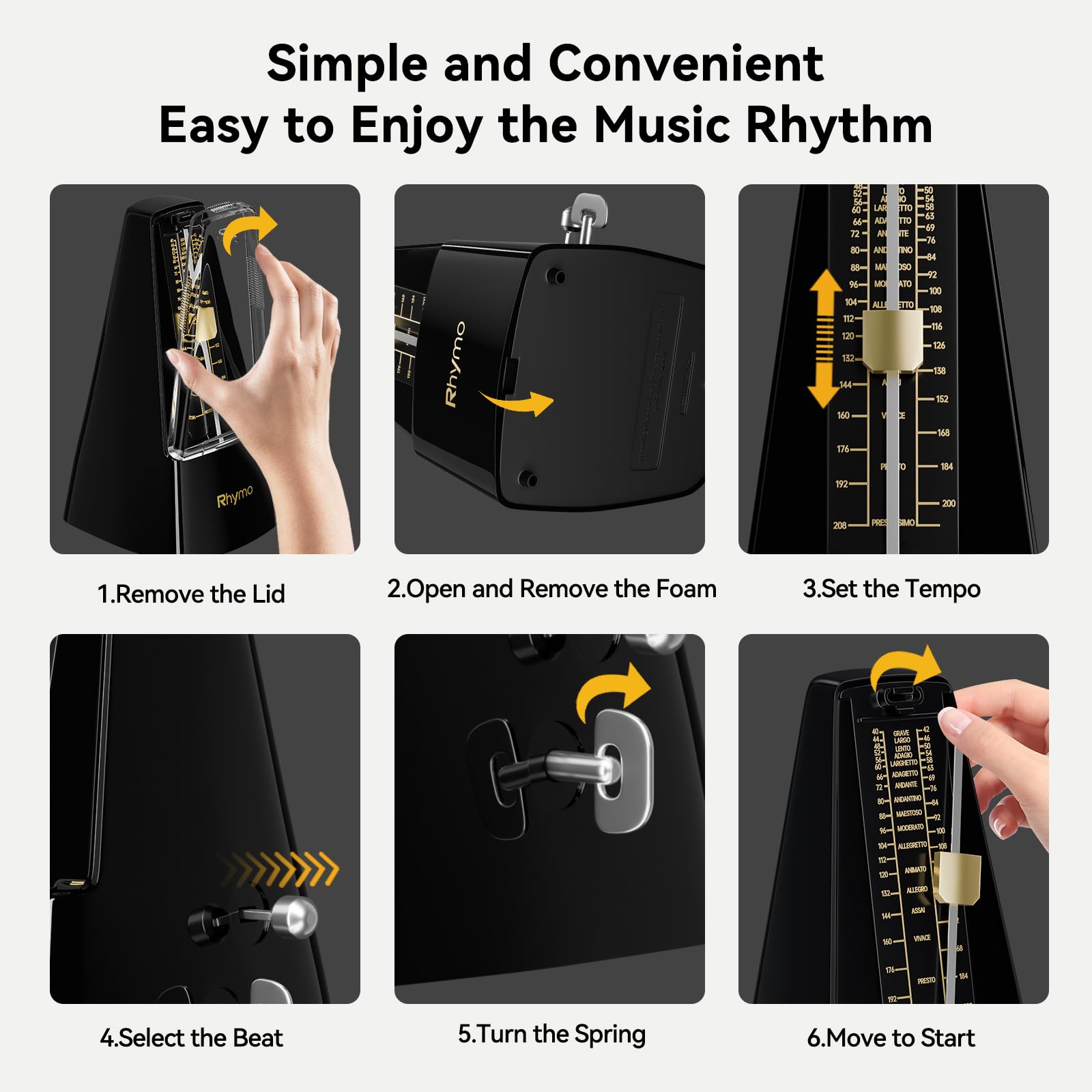 Rhymo Mechanical Metronome for Piano Guitar & Drums, 40-208 BPM with 4 Beat Modes, Classic Wind-Up Design - Image 4