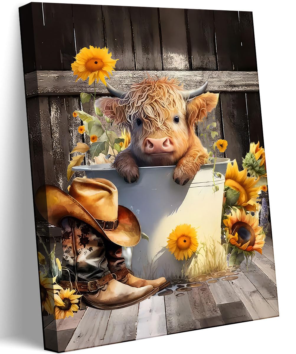 Funny Farmhouse Cow Baby Canvas Wall Art Cute Sunflower Highland Cattle Wall Decor Picture Country Animals Poster Print for Kids Room bathroom Living