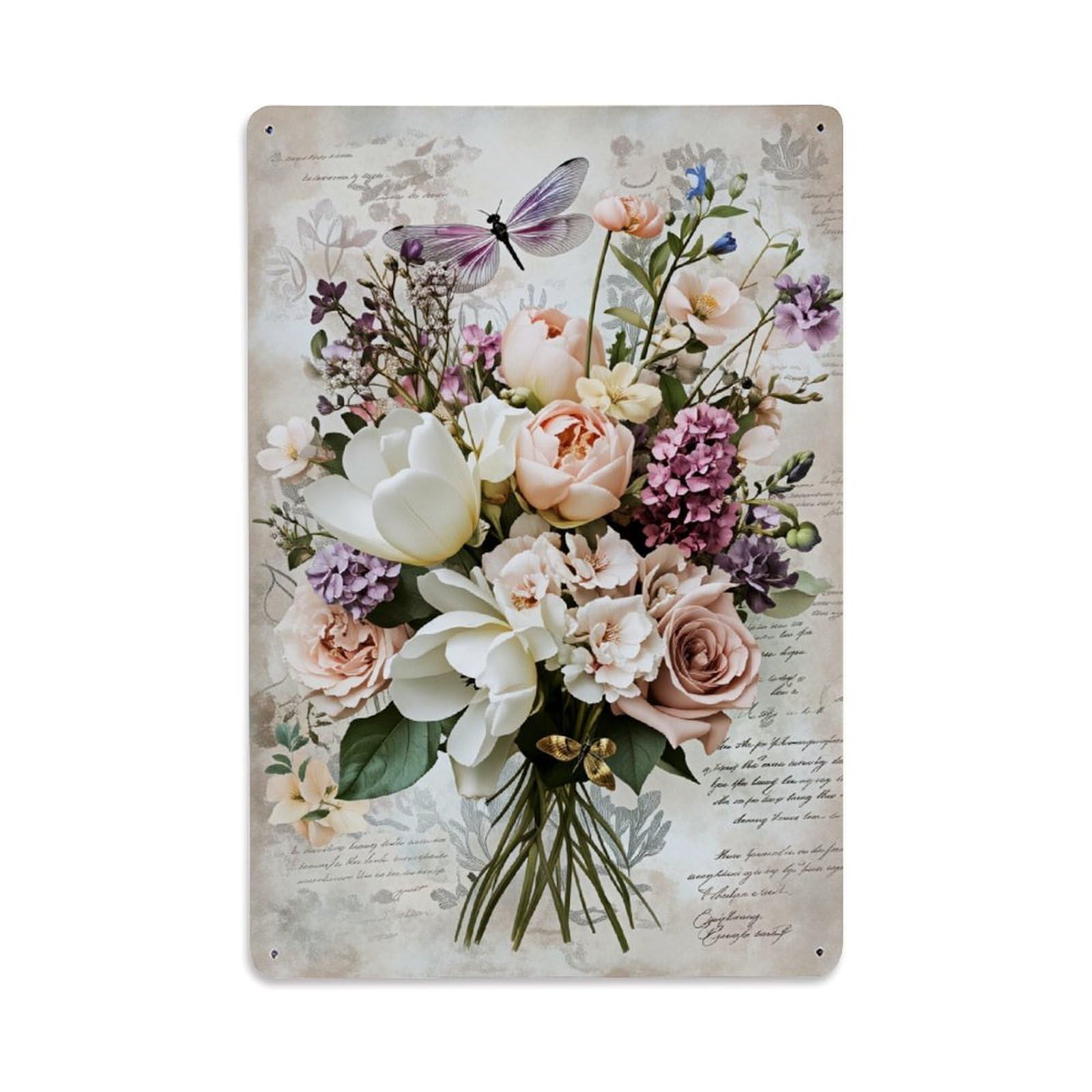 Jdfenggu Vintage Floral Bouquet With Butterfly And Script Background Retro Metal Tin Sign, Decor Art Poster For Bar, Home, Man Cave, Kitchen, Laundry Room Gift 8X12inch
