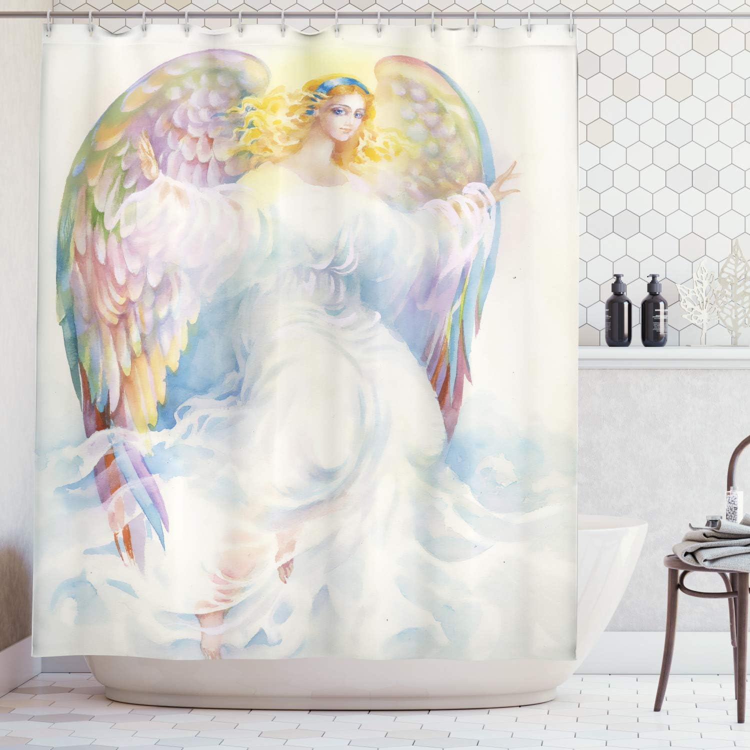Ambesonne Angel Wings Shower Curtain, Renaissance Angelic Woman Beauty Baroque Rococo Pattern, Cloth Fabric Bathroom Decor Set with Hooks, 69" W x 75" L, Pale Blue Mauve