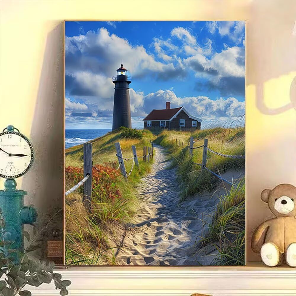 DIY Malowanie po numerach dla dorosłych zestaw, Beach Lighthouse Plaża Zdjęcia do malowania Kolorowanki Liczby Akrylowe Farby z Pędzelkami, Dla Początkujących i Dzieci w wieku 70x90 cm D7SS-695