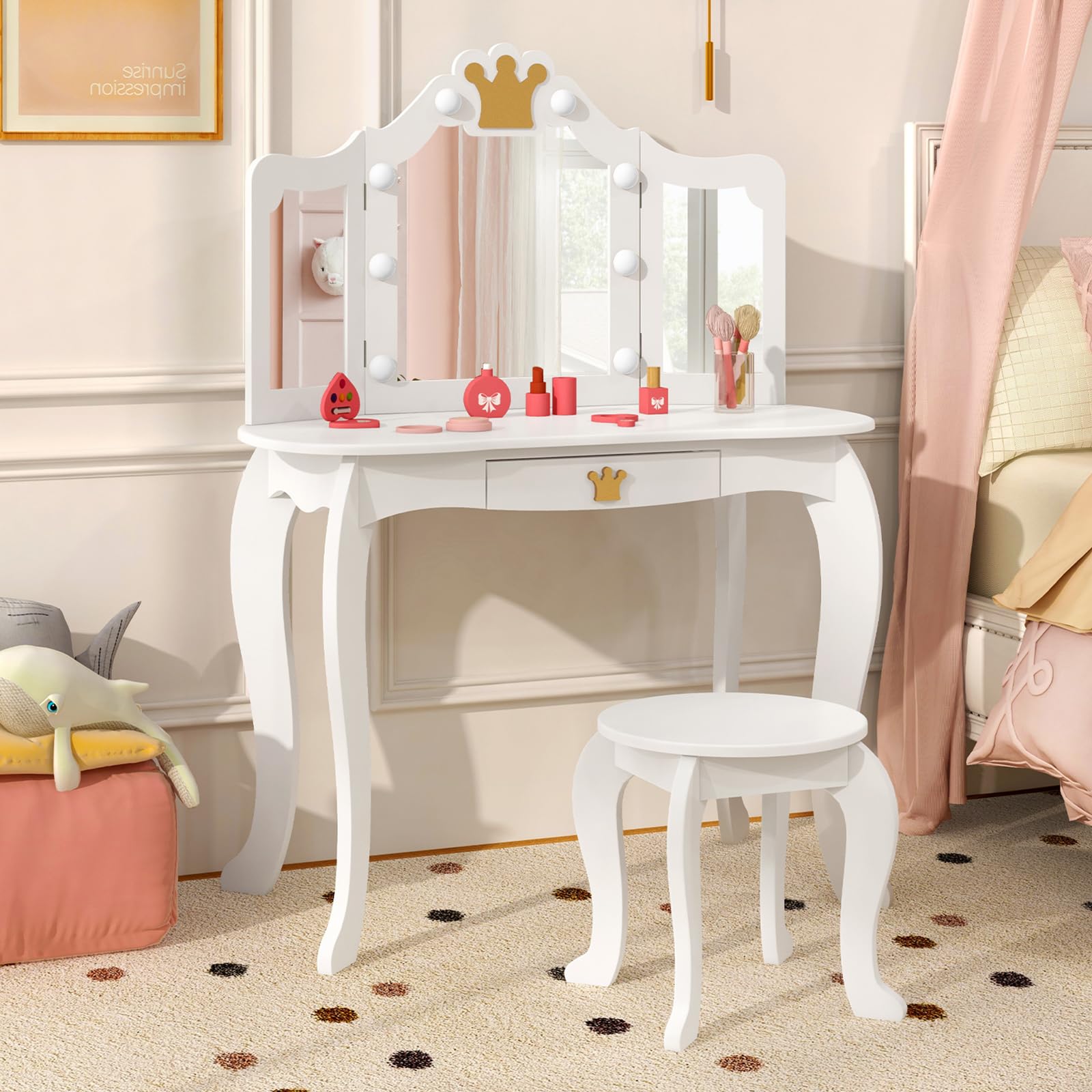 KOTEK Kids Vanity with Lights, Crown Girls Vanity Set w/Tri-Folding Mirror, Detachable Top, Stool &amp; Drawer, Wooden Toddler Makeup Desk, Pretend Play Kids Vanity Table and Chair Set (Classic White)