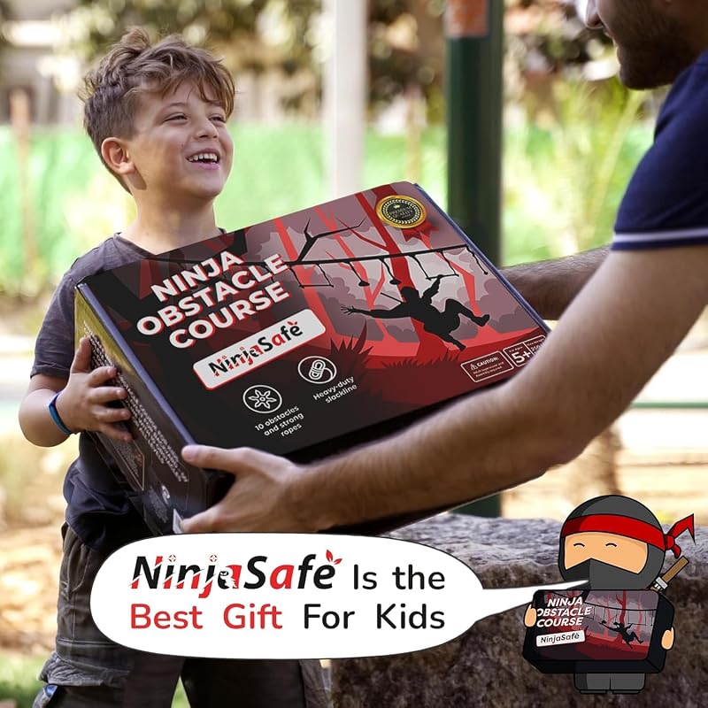 NinjaSafe Ninja Akadálypálya Gyerekeknek Kertbe - 10 Nehéz Akadály 15m Slackline Kötéllel - Kültéri Játszótér Mászóhálóval Létrával