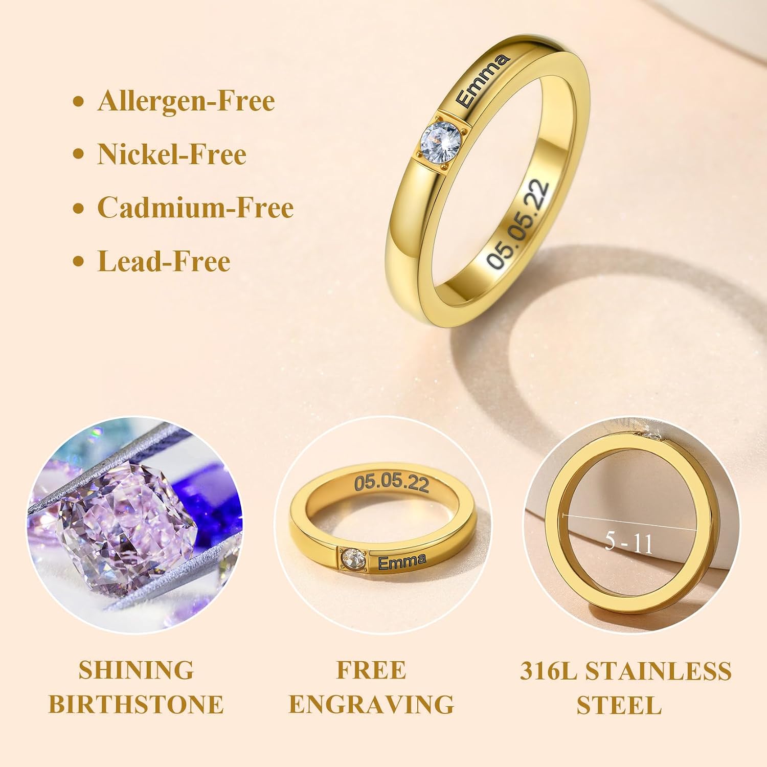 KeyStyle Stackable Birthstone Rings for Women, Personalized Birthstone Names Band Engraved Stacking Ring for Mother Daughter Wife Birthday Gifts Mother's Day Jewelry (Size 5-11)