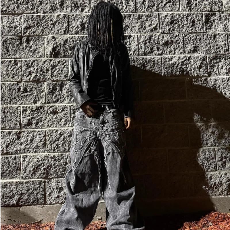 Men's Jeans Gothic Spider Embroidery Patch Pants Y2K Distressed Wide Leg Denim Oversized Baggy Streetwear Trousers - Image 9