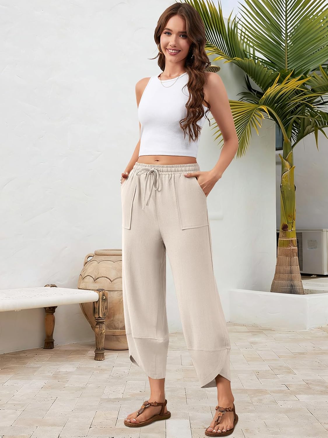 Women's Harem Cotton Linen Pants Wide Leg Capri Beach Pants Palazzo Cropped Drawstring Trousers with Pockets