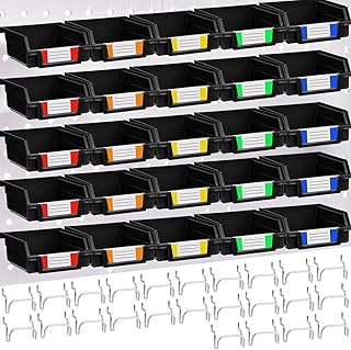 Tatuo 25 Set Pegboard Bins with Metal Hooks and Labels Pegboard Parts Hardware Storage Organizer for Organizing Garage Accessories, Workbench Attachments, Workshop Craft Hardware, 3.7 x 3.5 x 1.8 Inch