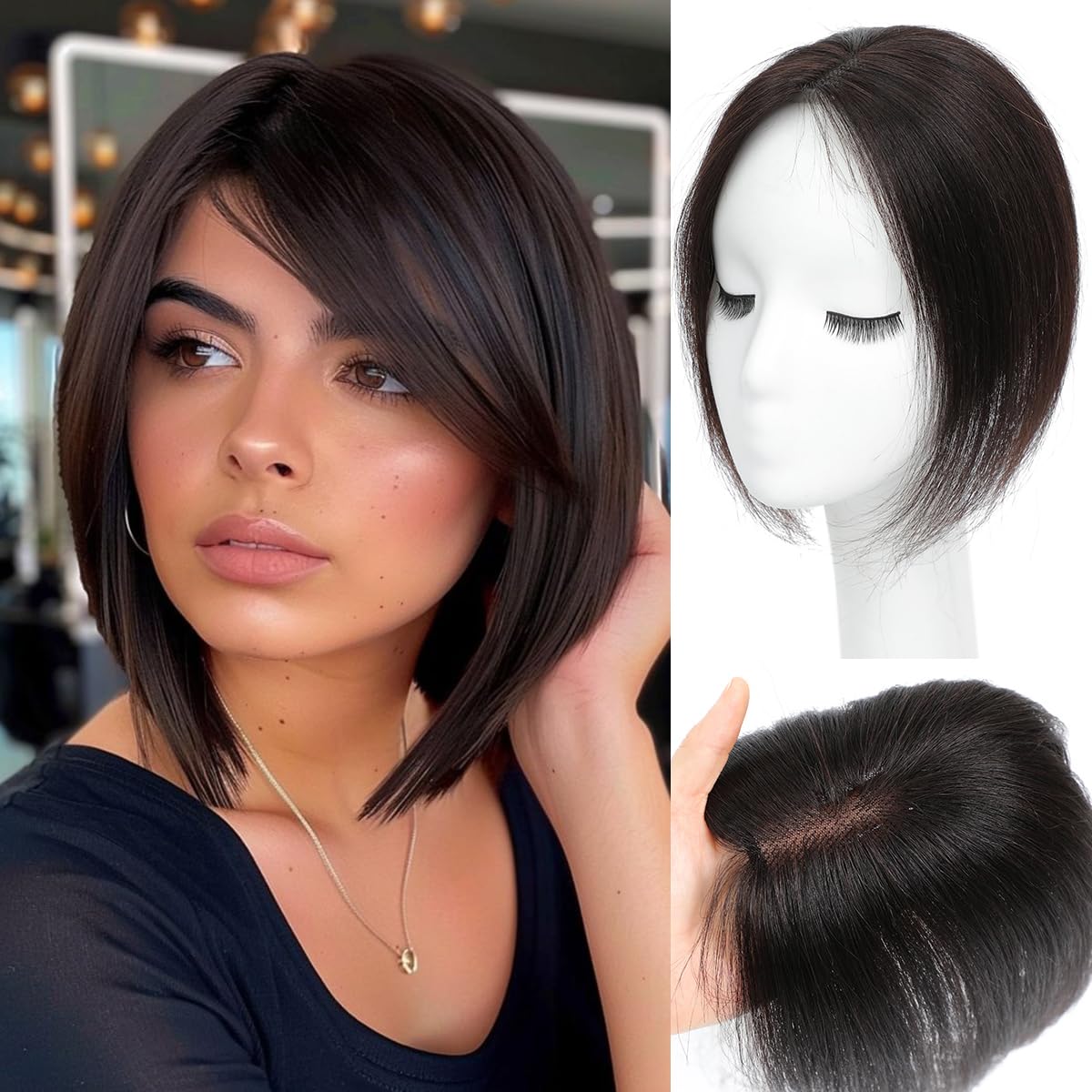 forfeels Hair Toppers For Women 9.8" Human Hair For Women With Thinning Hair Dark Brown Color 100% Real Human Hair Toppers For Solve Slight Loosing And Covering Gray