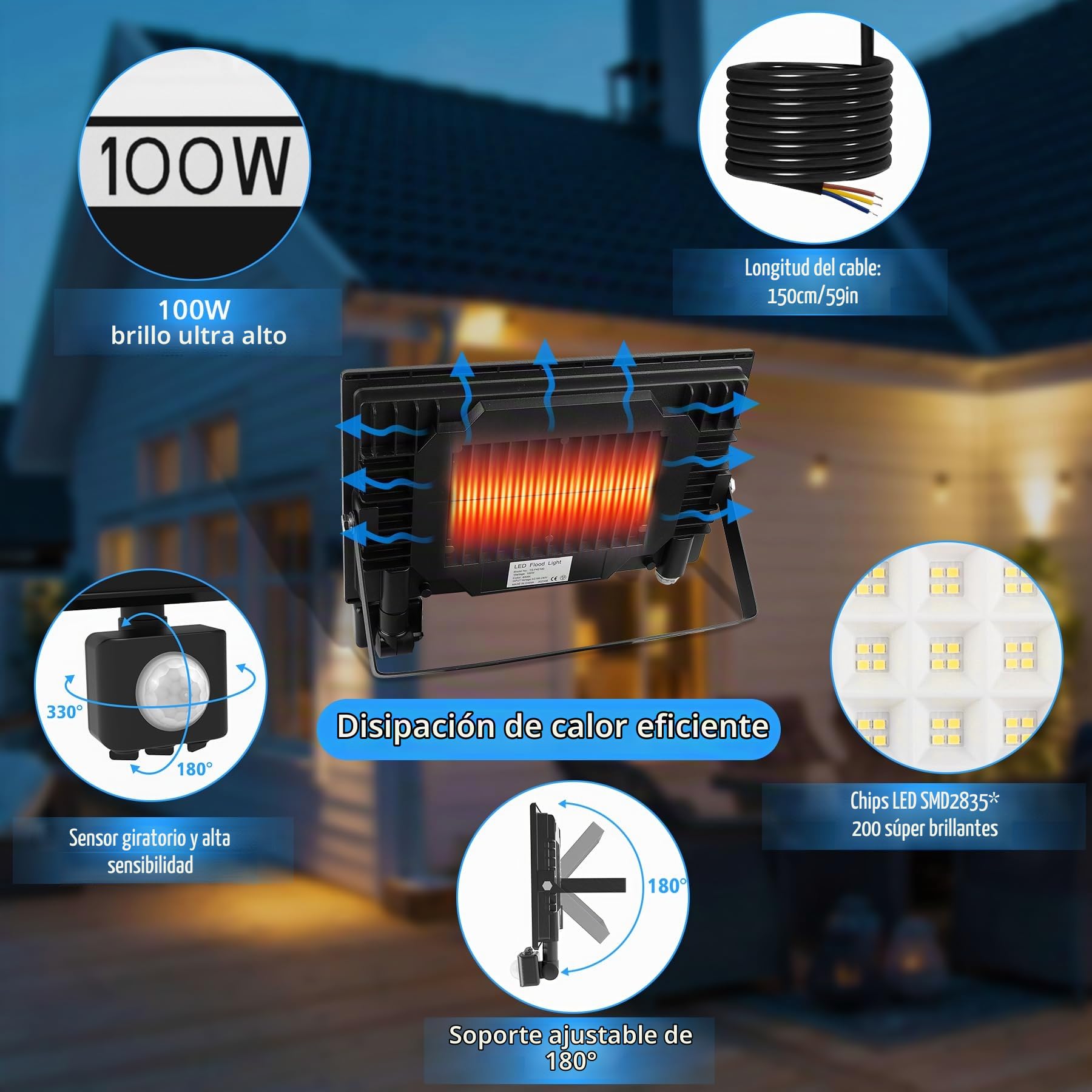 NATPOW 100W Foco LED con Sensor Movimiento 2 Piezas, 11000LM 6000K Proyector LED Exterior con 200 LEDs, IP66 Impermeable Foco con Detector de Movimiento para Garaje Patio Terraza Traseros