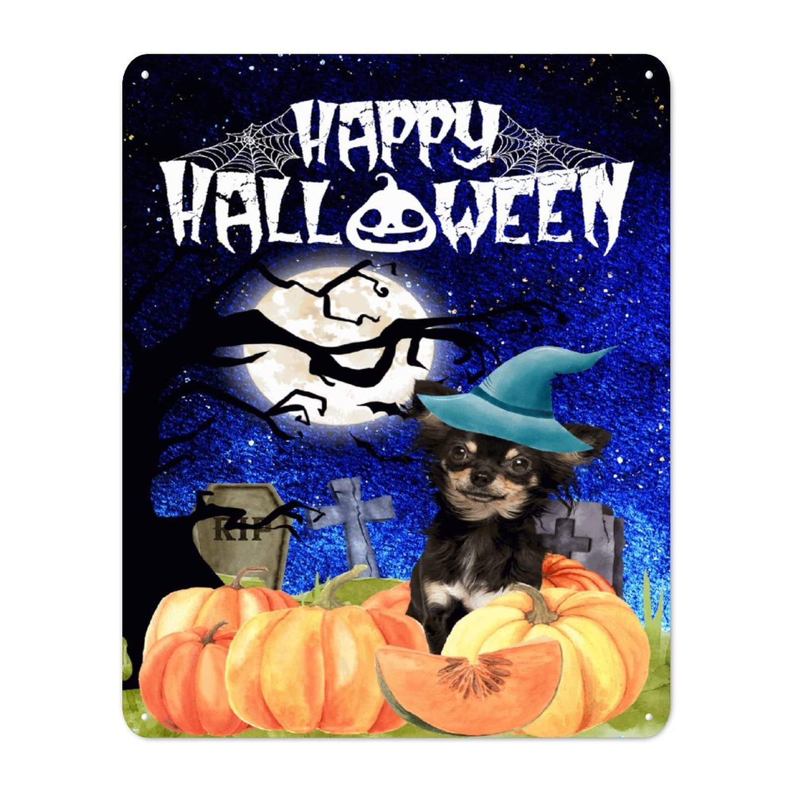 Plaque en étain Happy Halloween 30x40 cm avec citrouille et sorcière pour déco vintage
