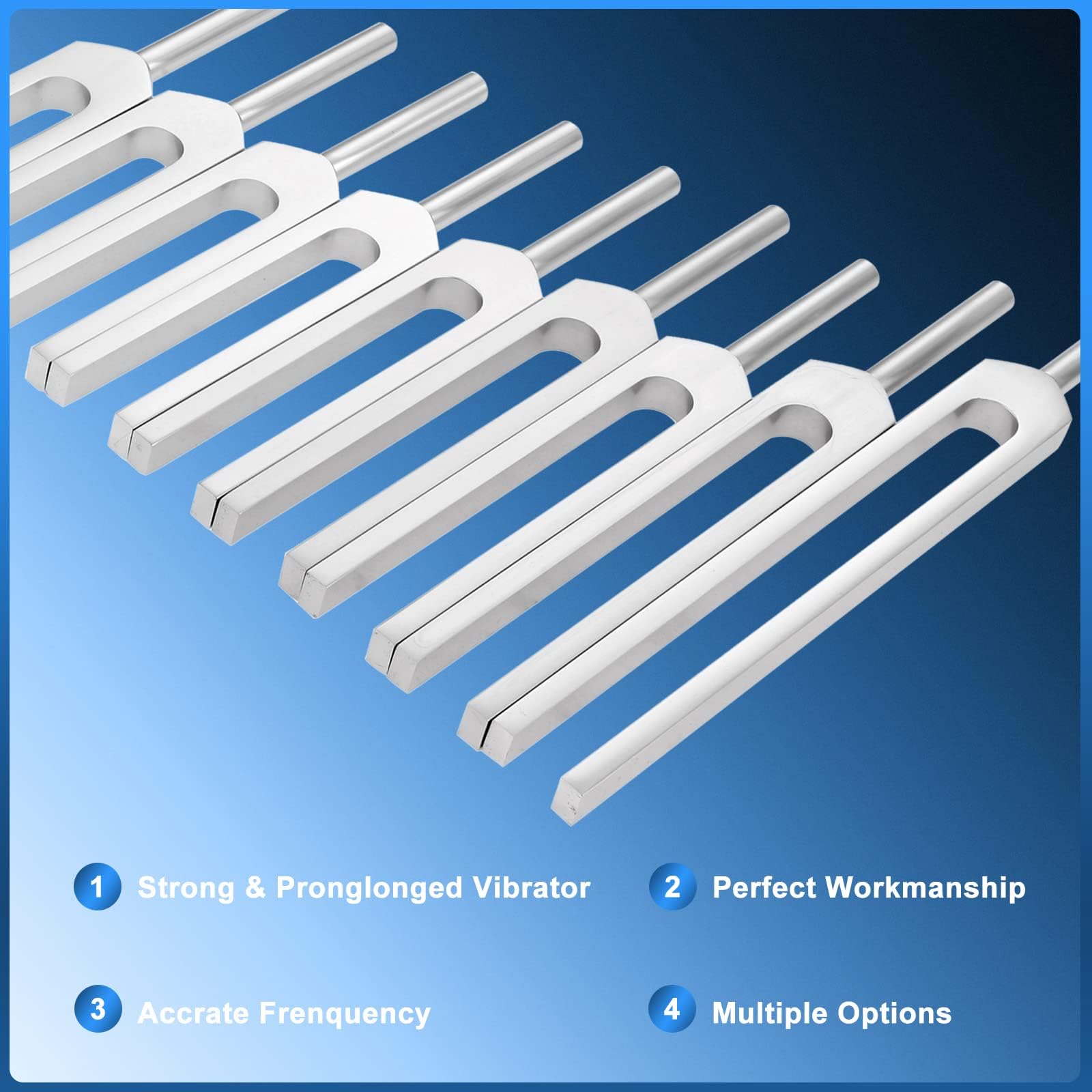 DRELD Stimmgabel-Set, Vibrationsgabeln aus Aluminiumlegierung mit 2 Silikonhämmer, 174/285/396/417/432/528/639/741/852/963 Hz für Heilung, Chakrenheilung, Klangheilung, Anti-Kompression, silber