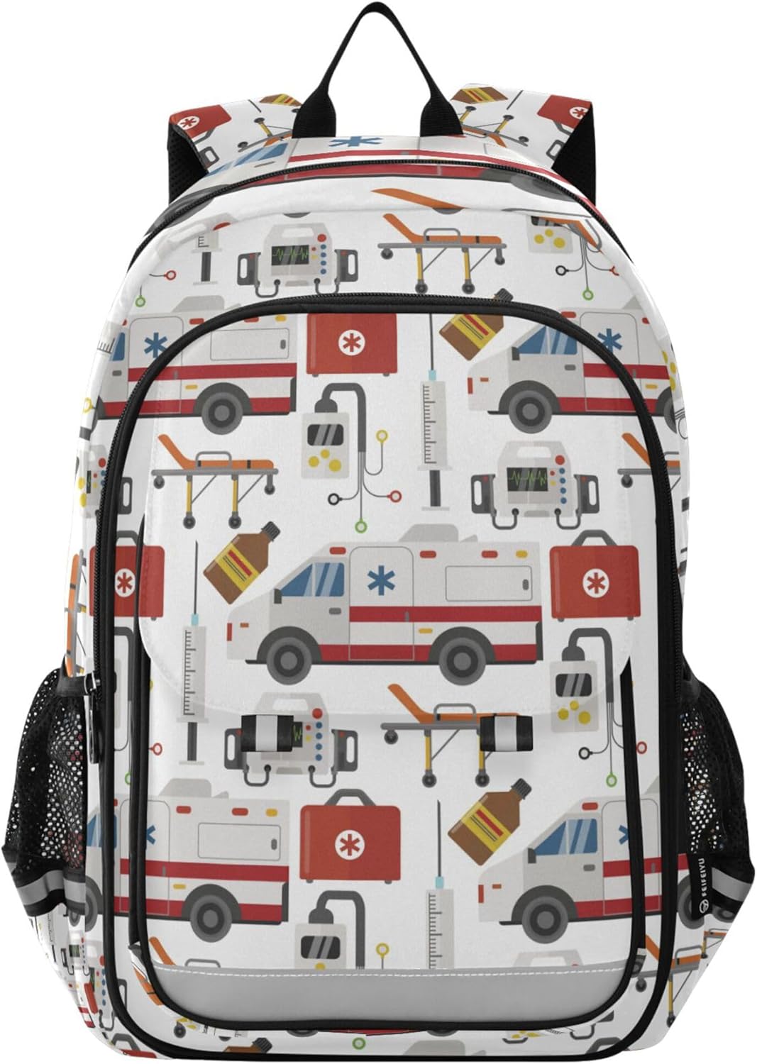 Ambulance Cars Pattern Backpack School Bag Lightweight Laptop Backpack Students Travel Bookbag with Reflective Stripes